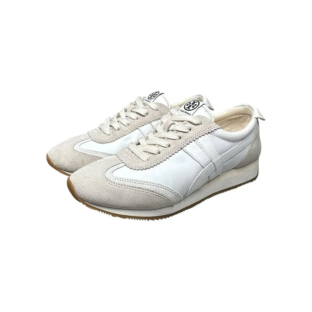 Tory Burch Hank Slim Sneaker Womens 8.5 Ivory White Suede Retro Trainer Gum Sole